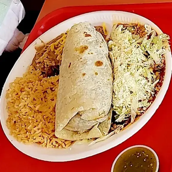 Burrito with Mexican rice beans and sauce served on plate